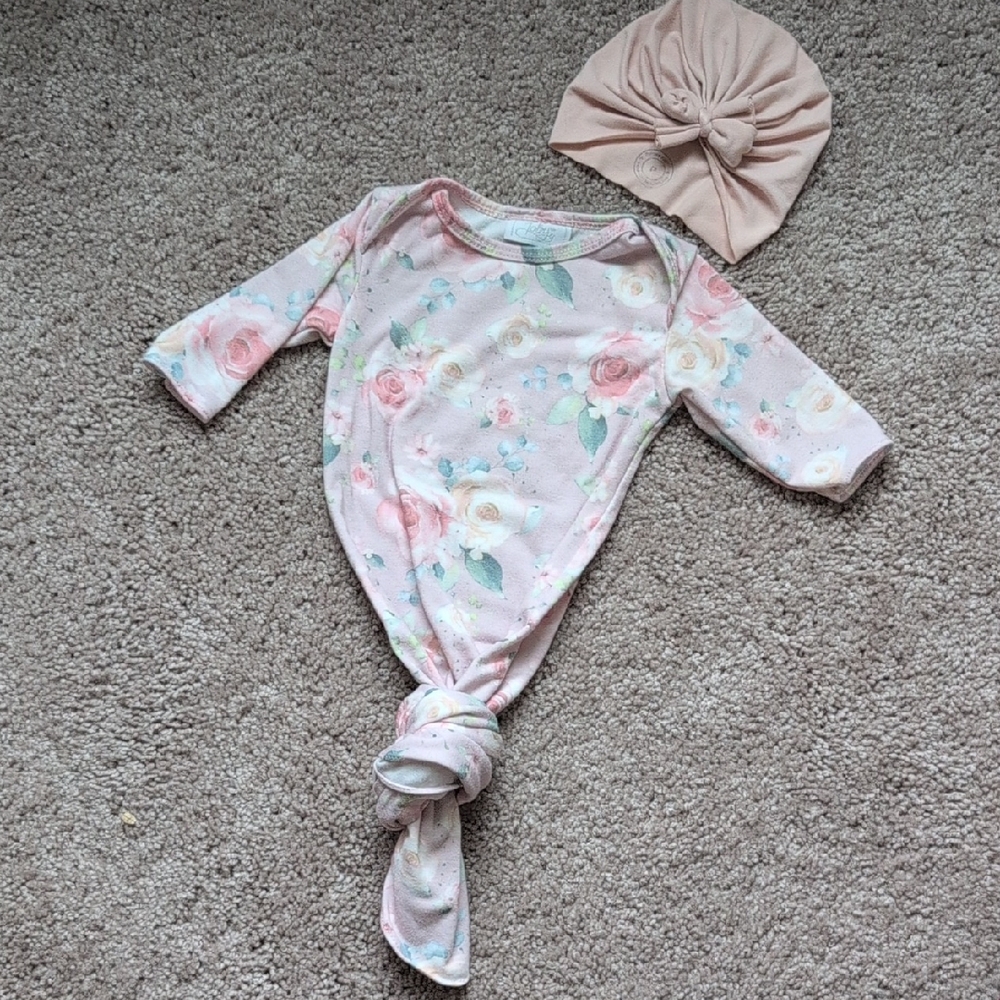 Floral Pink Newborn Knotted Gown with Bunny Knots Turban
